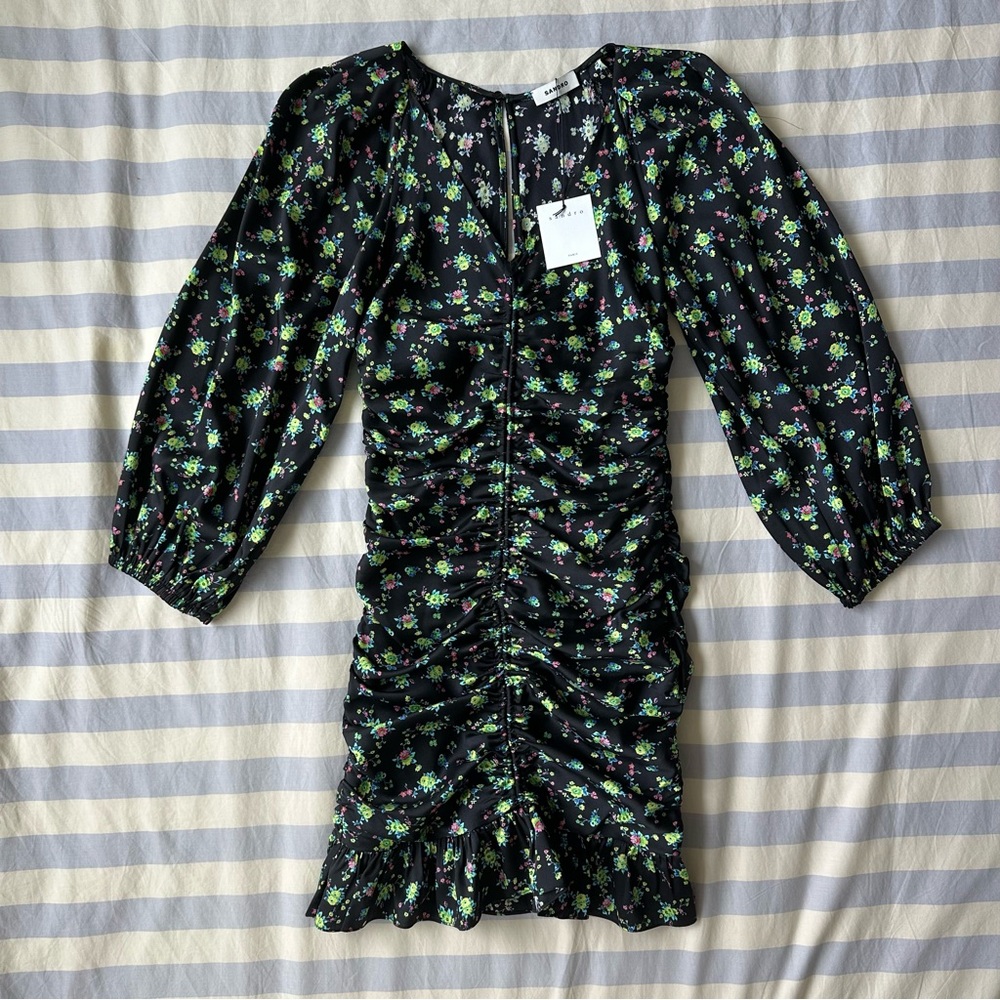 NWT Sandro Floral Ruched Black Dress - $415 MSRP